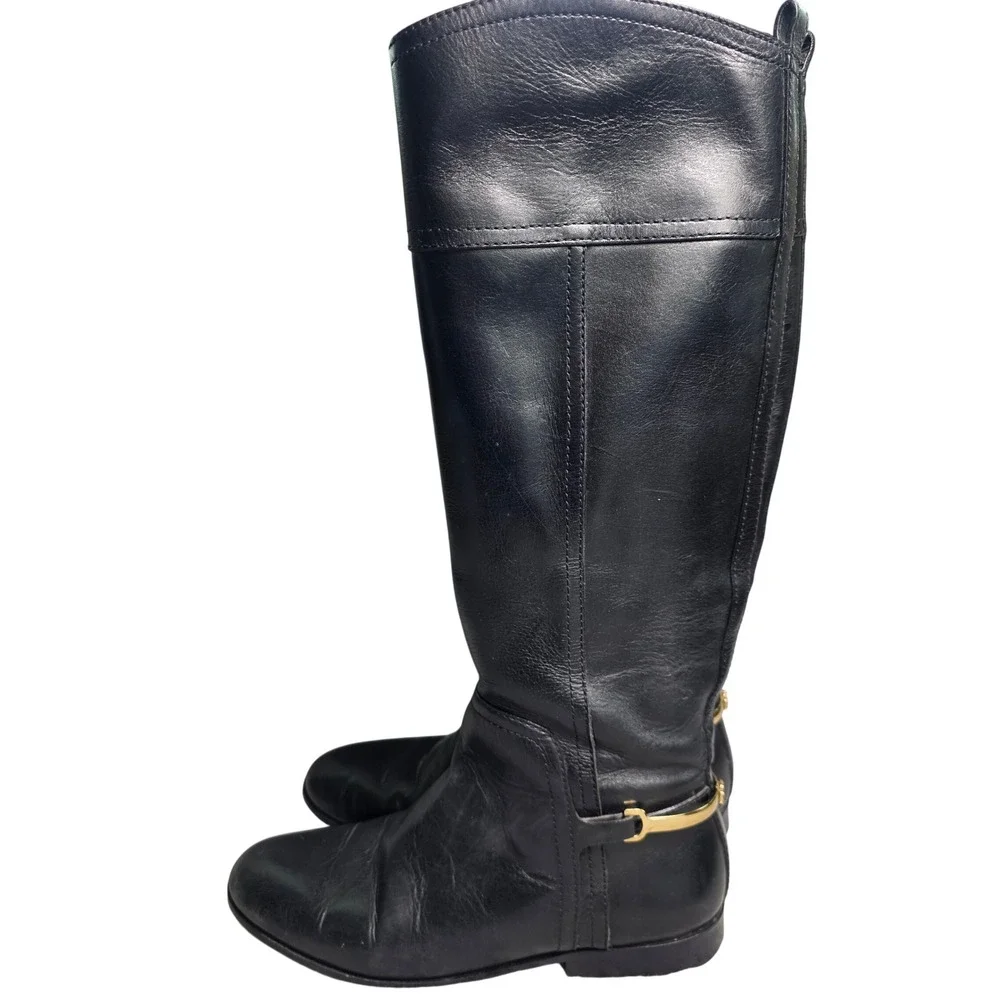 Tory Burch Riding Boots Black Leather Gold Stirrup Logo Heel Hardware Women 8.5